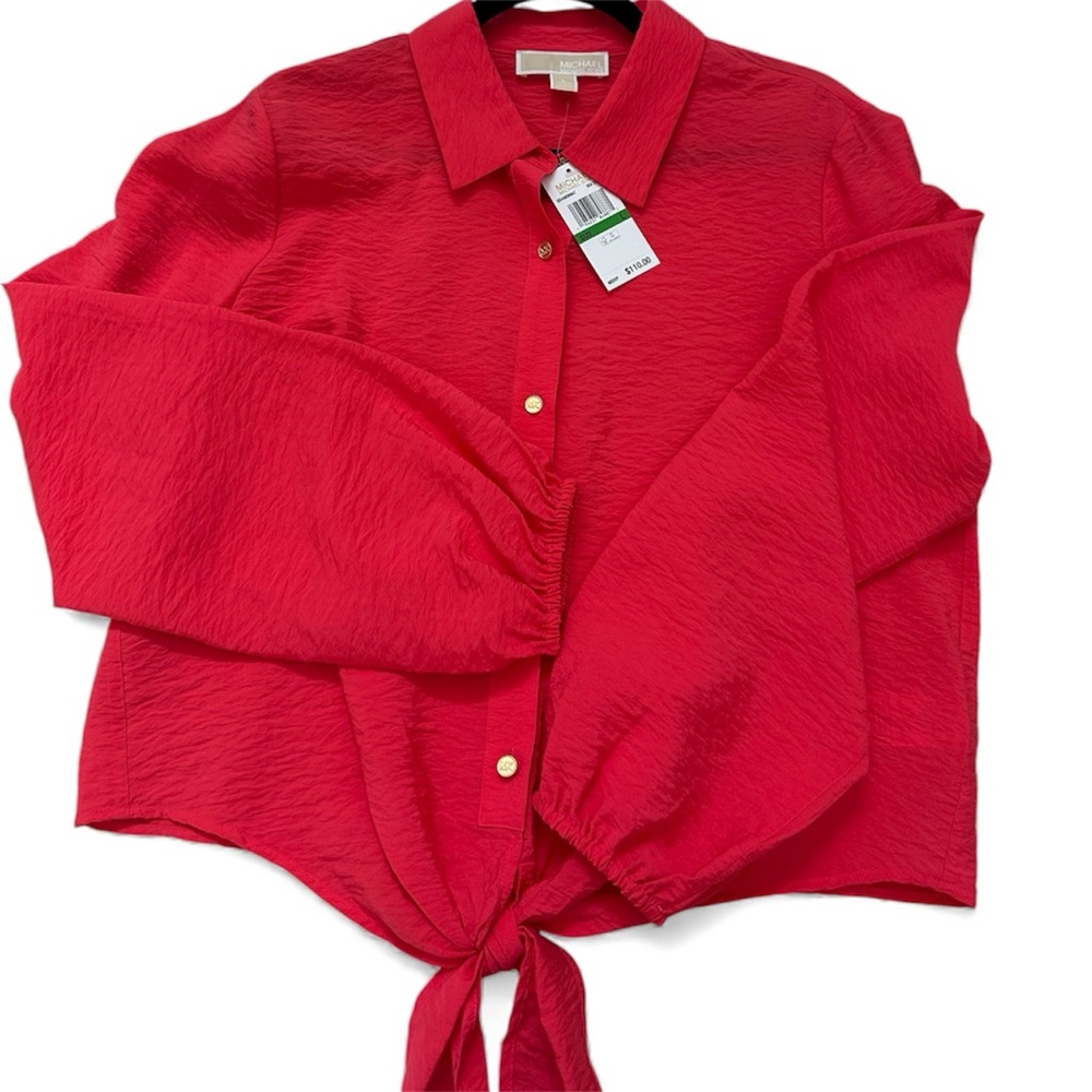 Michael Kors Red Button-Down Shirt with Tie Front - Picture 2 of 8
